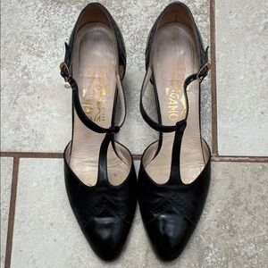 Salvatore Ferragamo Black T-Strap Pointed Toe Pumps with Gold Buckles